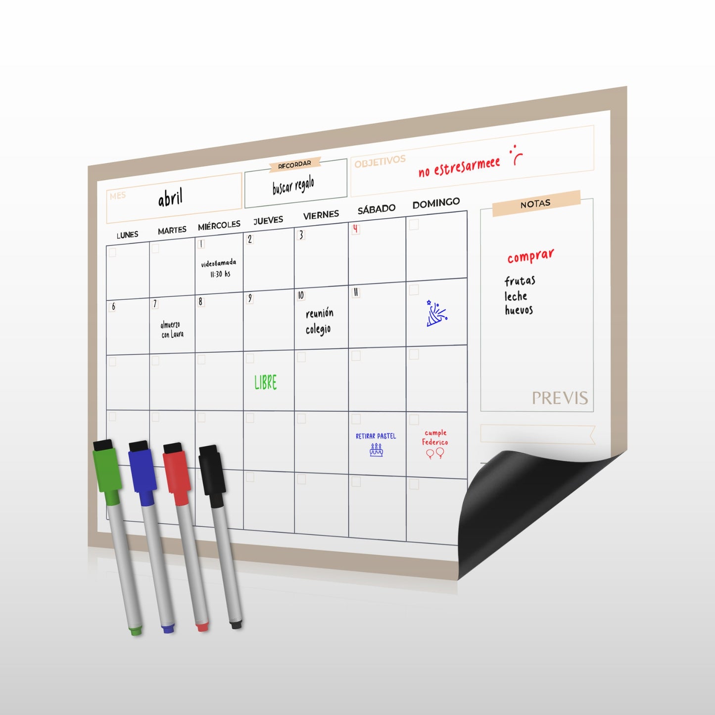 Calendario Magnético Mensual para Nevera A4 (21x29cm) - Organizador Mensual con 4 Rotuladores - Calendario Imán - Pizarra Nevera - Planificador Rutinas, Trabajo, Comidas.