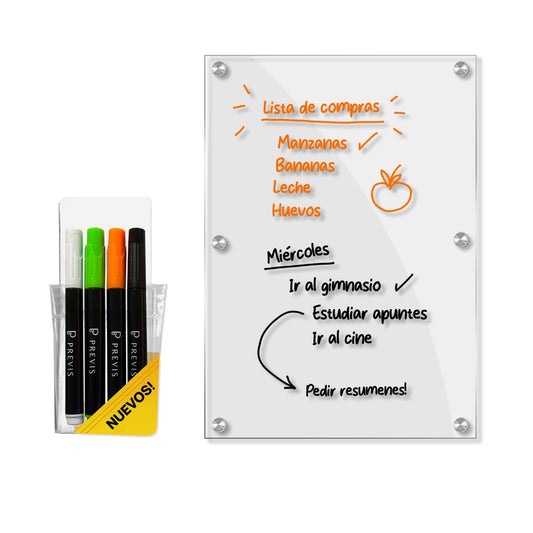 PREVIS Pizarra Magnetica Nevera Transparente A4 Con 4 Rotuladores Premium- Pizarra Nevera de Metacrilato Perfecta para Cocina, Tareas, Apuntes, Menu y Calendario