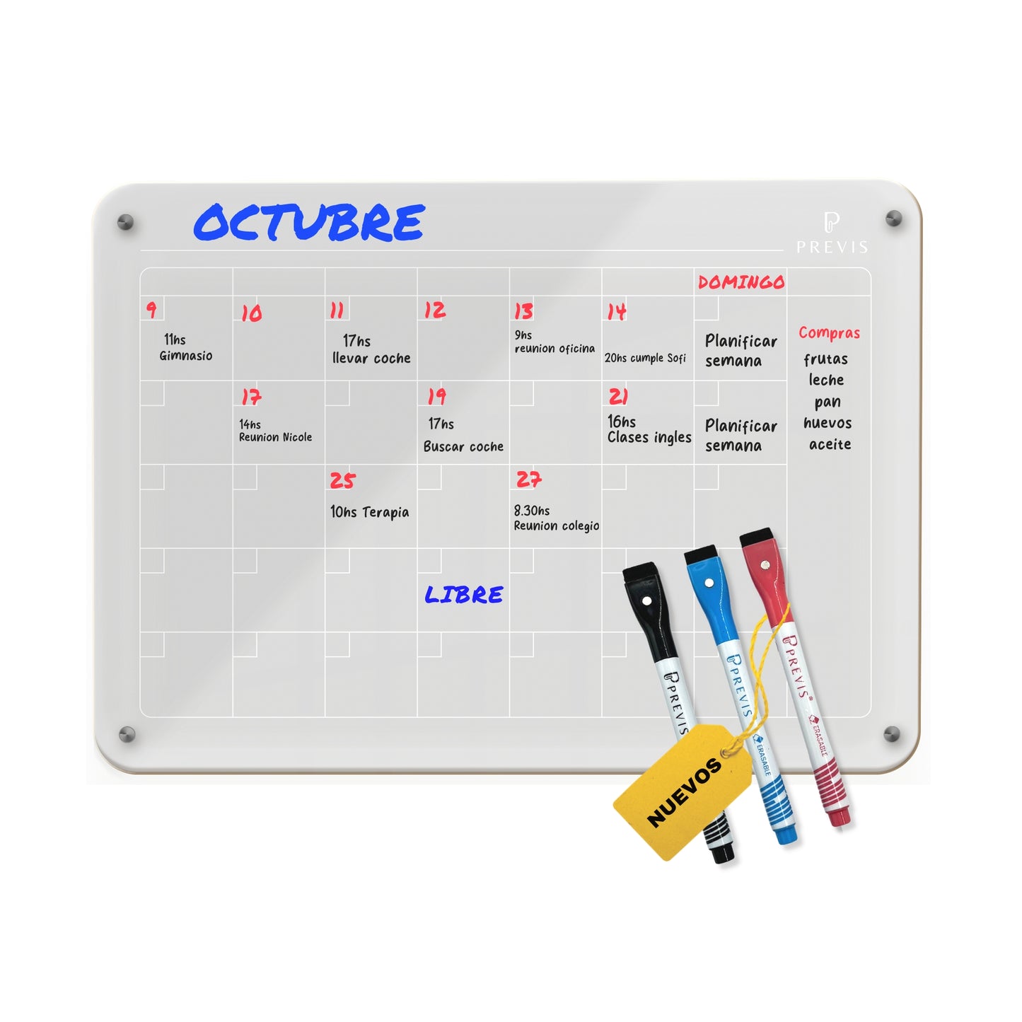 Calendario Magnético Nevera Transparente Acrílico con 4 Rotuladores A4 (21X29,7 cm) - Blanco para Neveras Oscuras