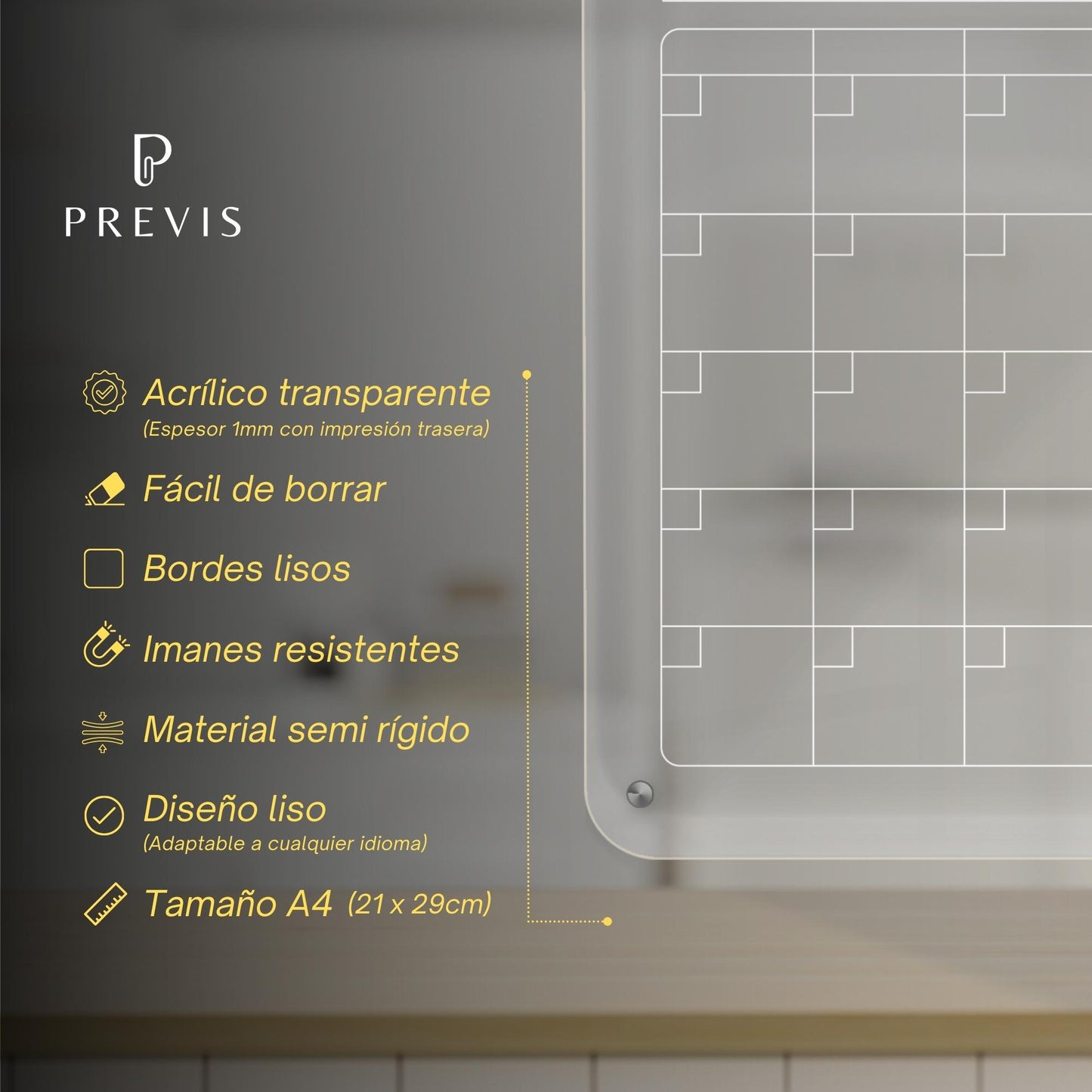 Calendario Magnético Nevera Transparente Acrílico con 4 Rotuladores A4 (21X29,7 cm) - Blanco para Neveras Oscuras