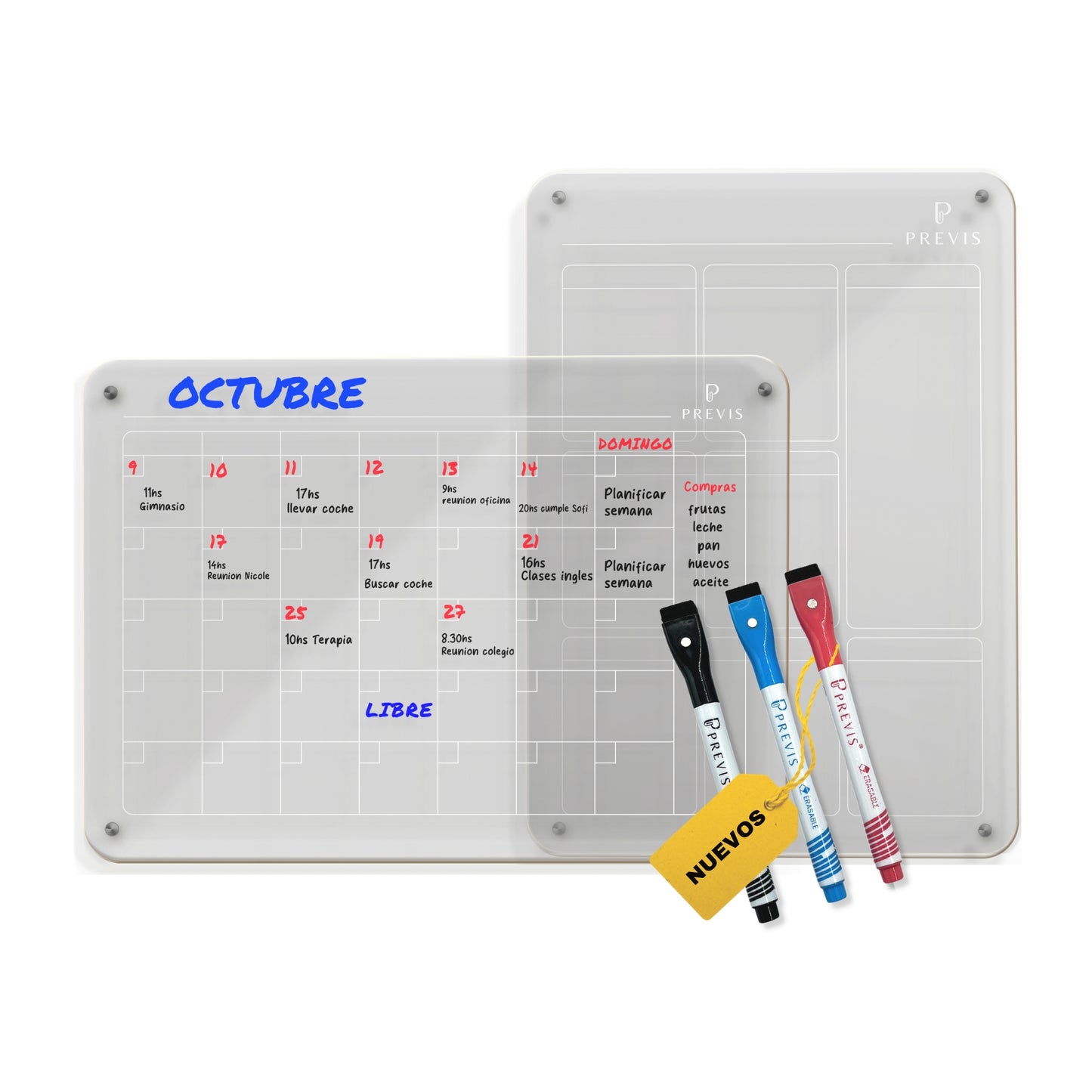 Kit de 2 Tableau Magnétique Réfrigérateur Acrylique Transparent A4 (21X29,7CM) (Hebdomadaire + Mensuel) + 4 Marqueurs - Pour Réfrigérateurs Foncés