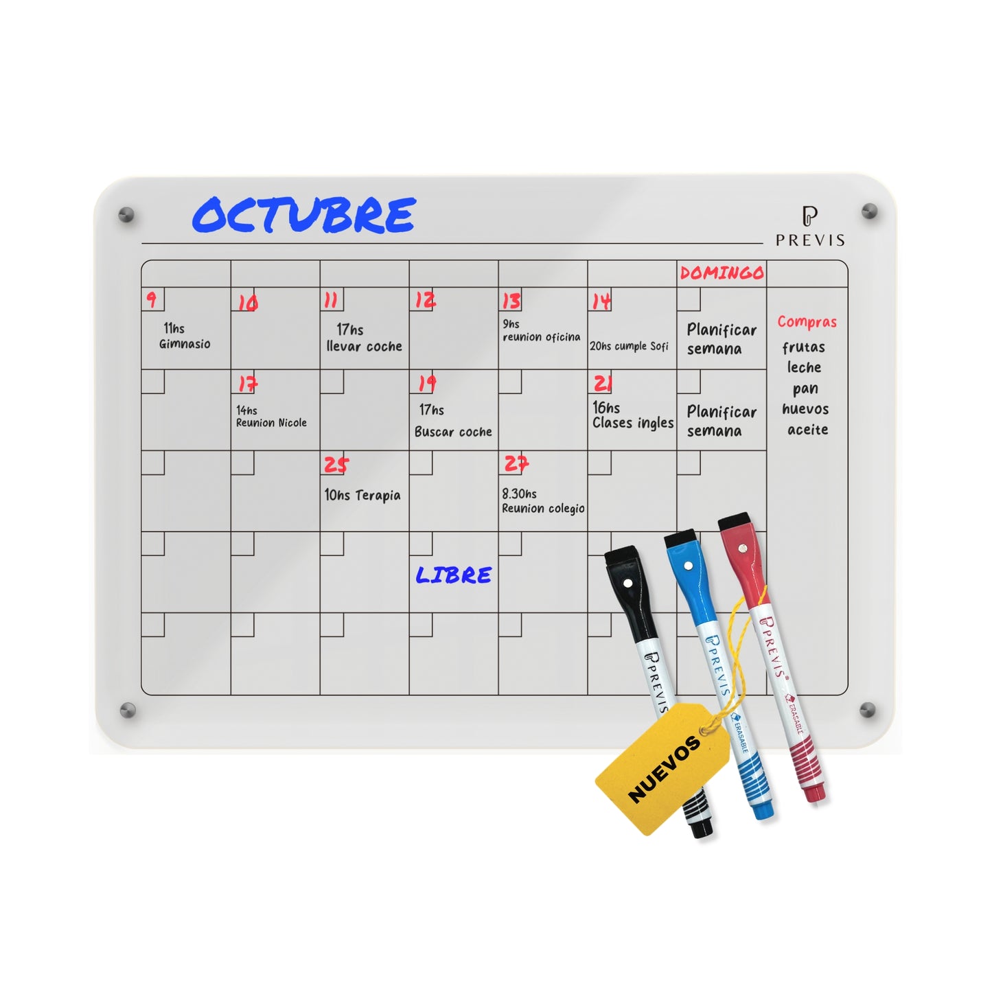Calendrier magnétique pour réfrigérateur en acrylique transparent avec 4 marqueurs A4 (21 x 29,7 cm) – Noir pour réfrigérateur blanc