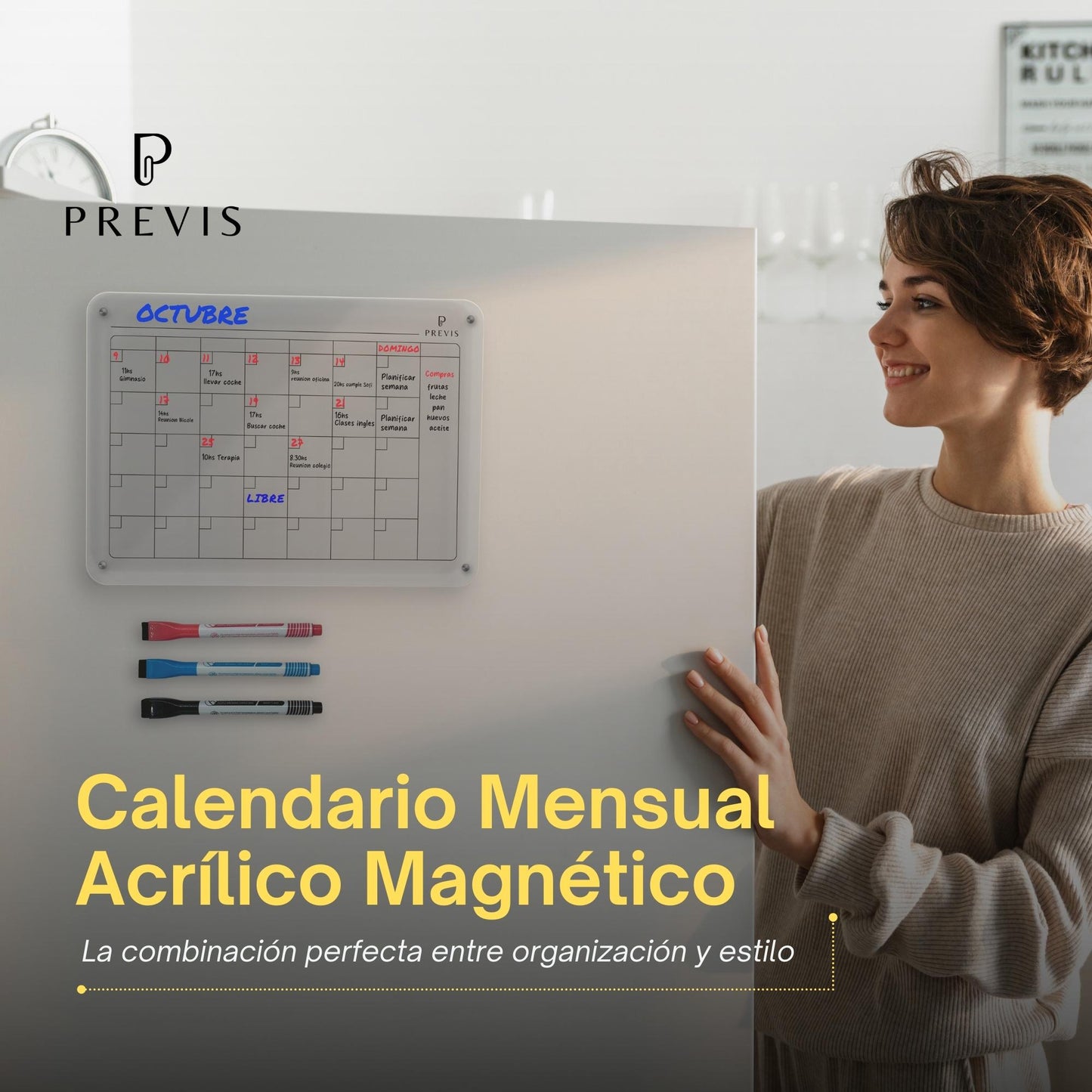 Calendrier magnétique pour réfrigérateur en acrylique transparent avec 4 marqueurs A4 (21 x 29,7 cm) – Noir pour réfrigérateur blanc