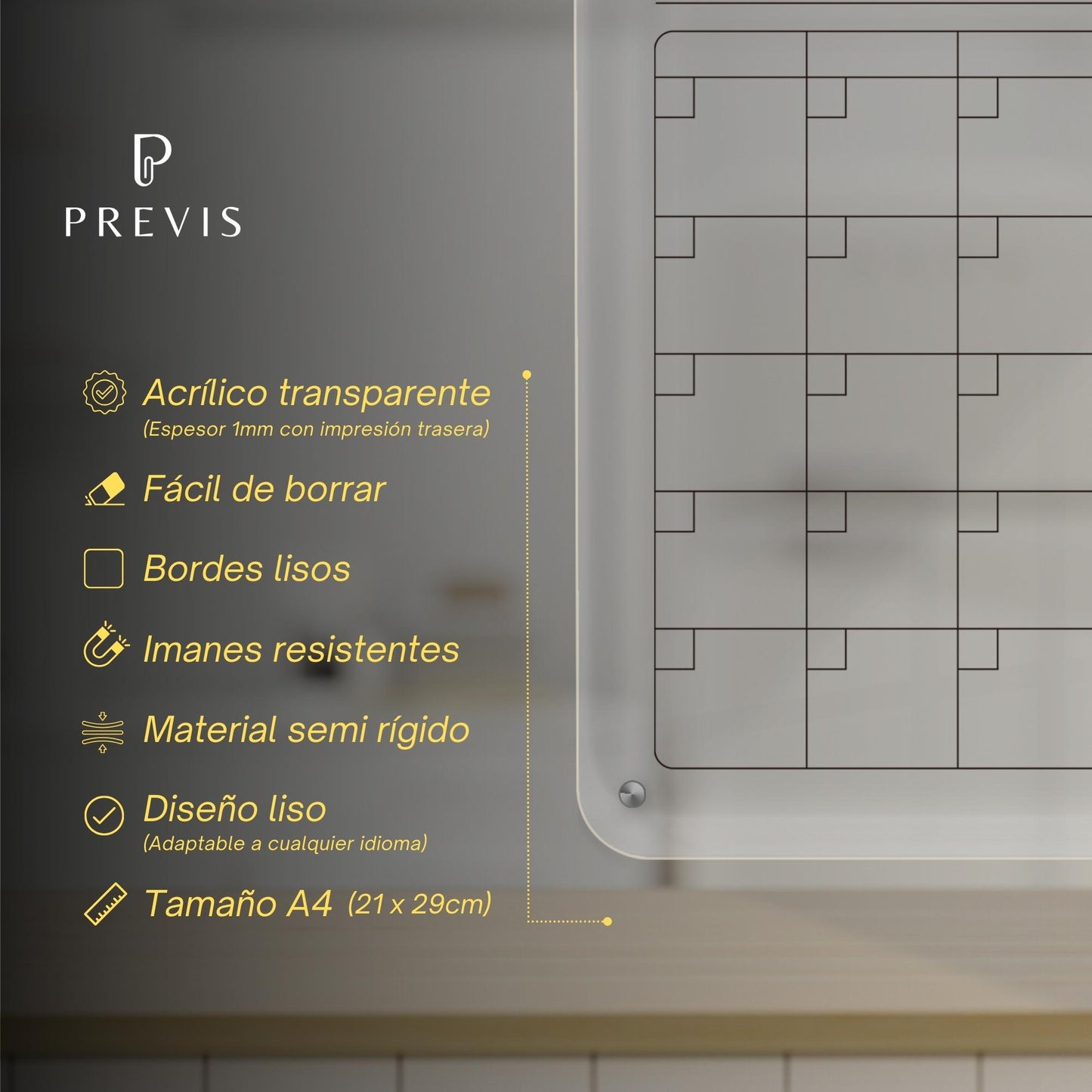 Calendrier magnétique pour réfrigérateur en acrylique transparent avec 4 marqueurs A4 (21 x 29,7 cm) – Noir pour réfrigérateur blanc