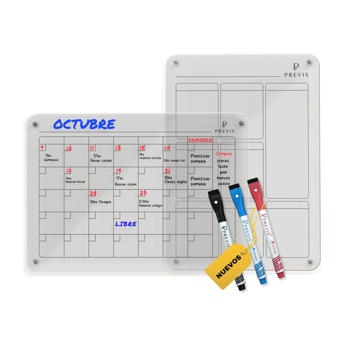 Kit de 2 Pizarra Magnetica Nevera Transparente Acrilica A4 (21X29,7CM) (Semanal + Mensual) + 4 Rotuladores - Neveras Blancas