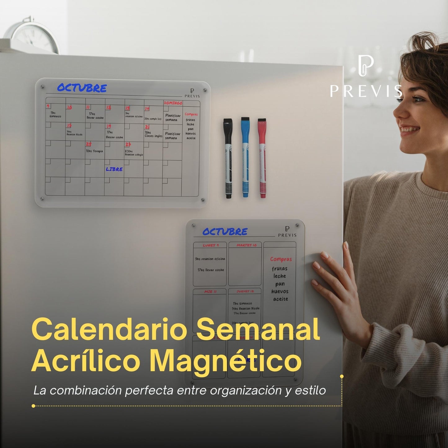 Kit de 2 Pizarra Magnetica Nevera Transparente Acrilica A4 (21X29,7CM) (Semanal + Mensual) + 4 Rotuladores - Neveras Blancas