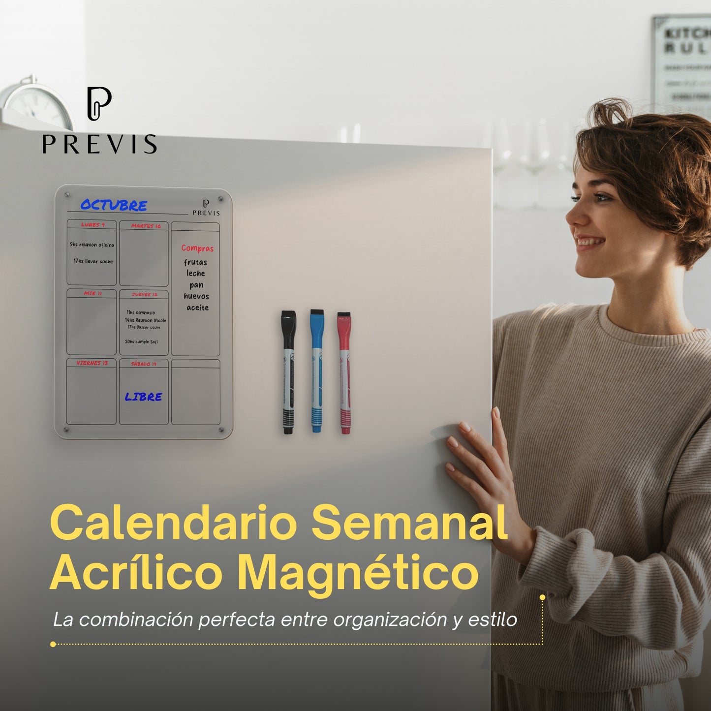 Pizarra Magnetica Nevera Transparente Semanal A4 (21X29,7 cm) con 4 Rotuladores - Impresiรณn Negra para Neveras Blancas