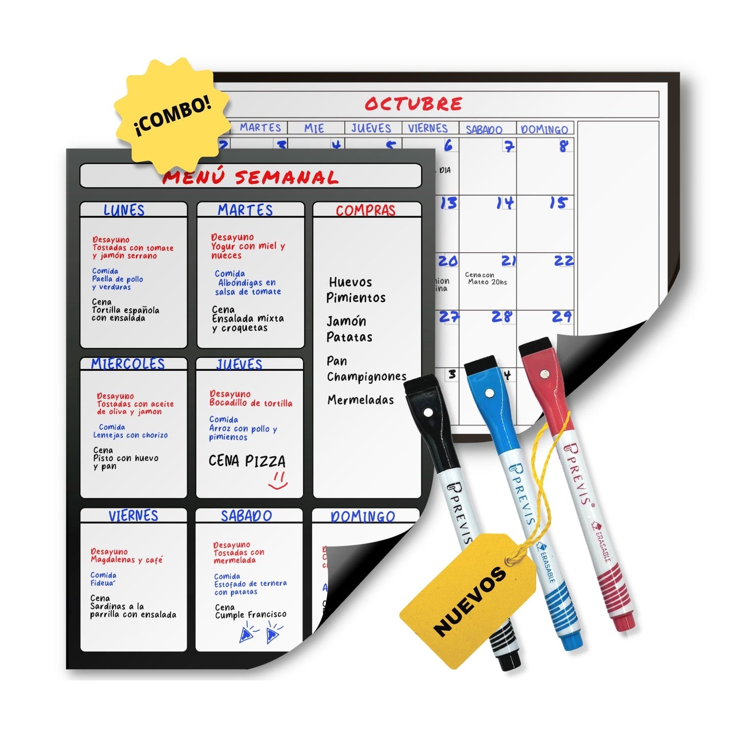 Pack A3 Calendario Magnético Mensual + Planificador Semanal Magnético para Nevera y Escritorio - Organizador con Imán - Planificador Jornada, Menú, Compra, Rutina, Estudios, Tareas, Trabajo.