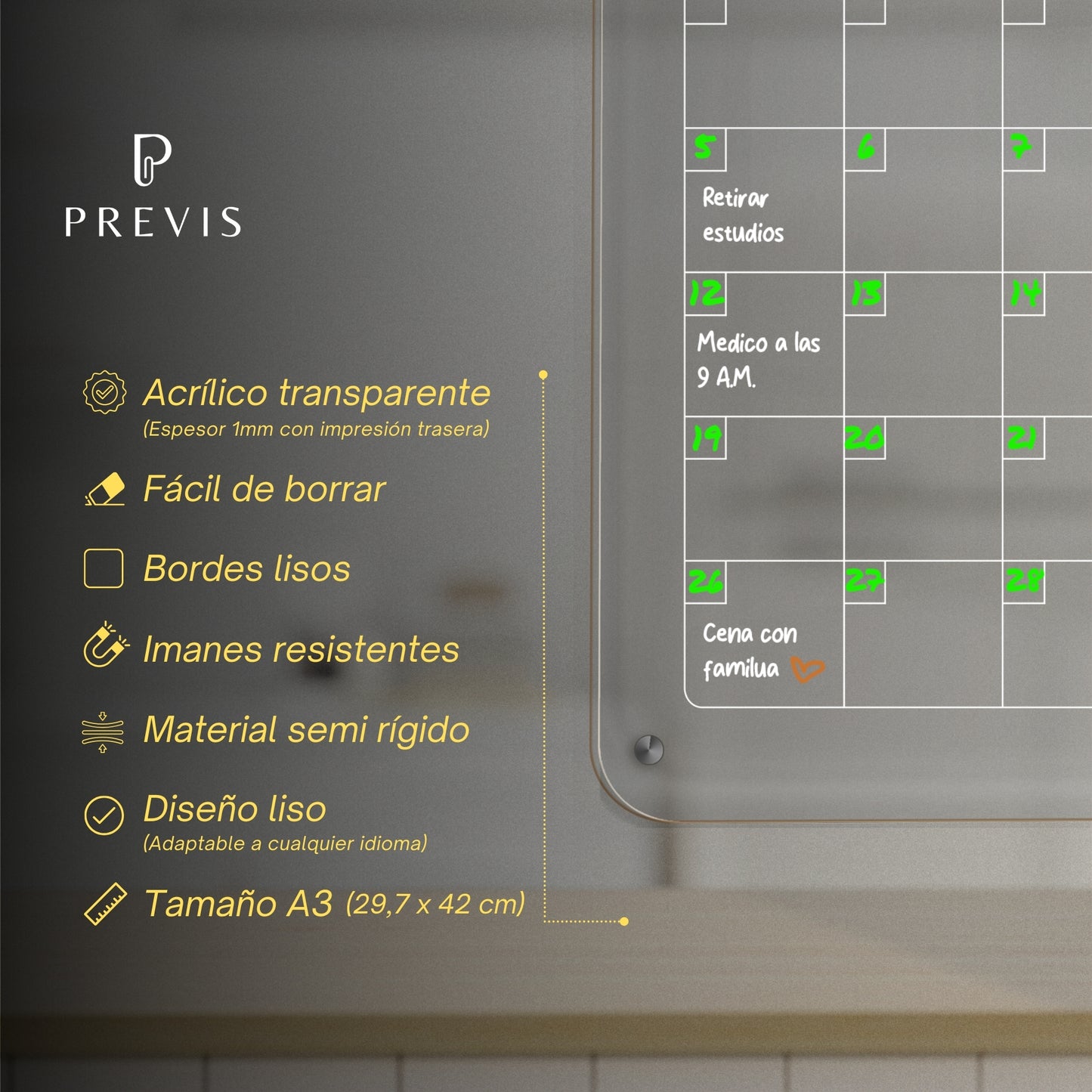 Calendario Magnetico Nevera Transparente Acrilico A3 con 4 Rotuladores Punta Extra Fina - Pizarra Transparente Nevera Magnetica Mensual Acrilica - Planifica el Mes con Estilo