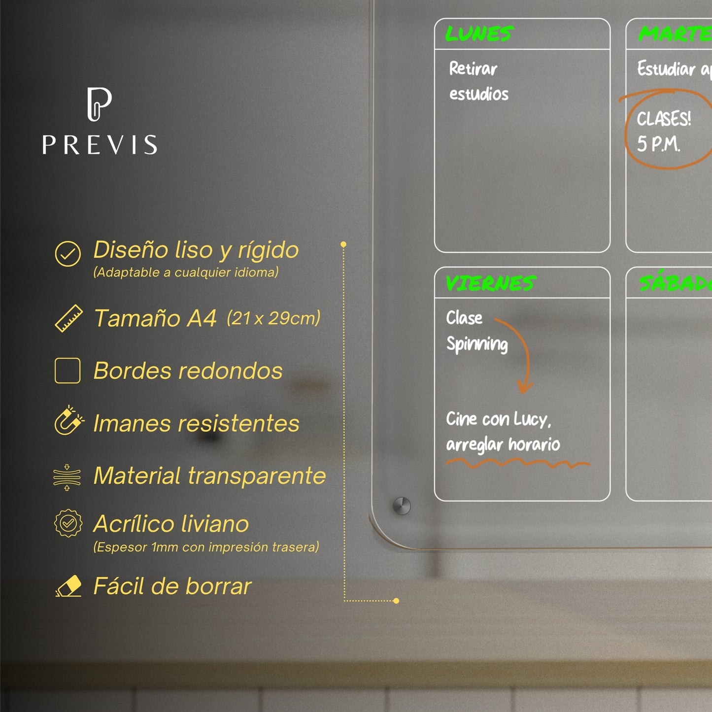 Pizarra Magnetica Nevera Transparente Semanal A4 con 4 Rotuladores Punta Extra Fina - Pizarra Acrílica Nevera Organizador Semana - Planifica y Decora tu Frigorifico con Estilo