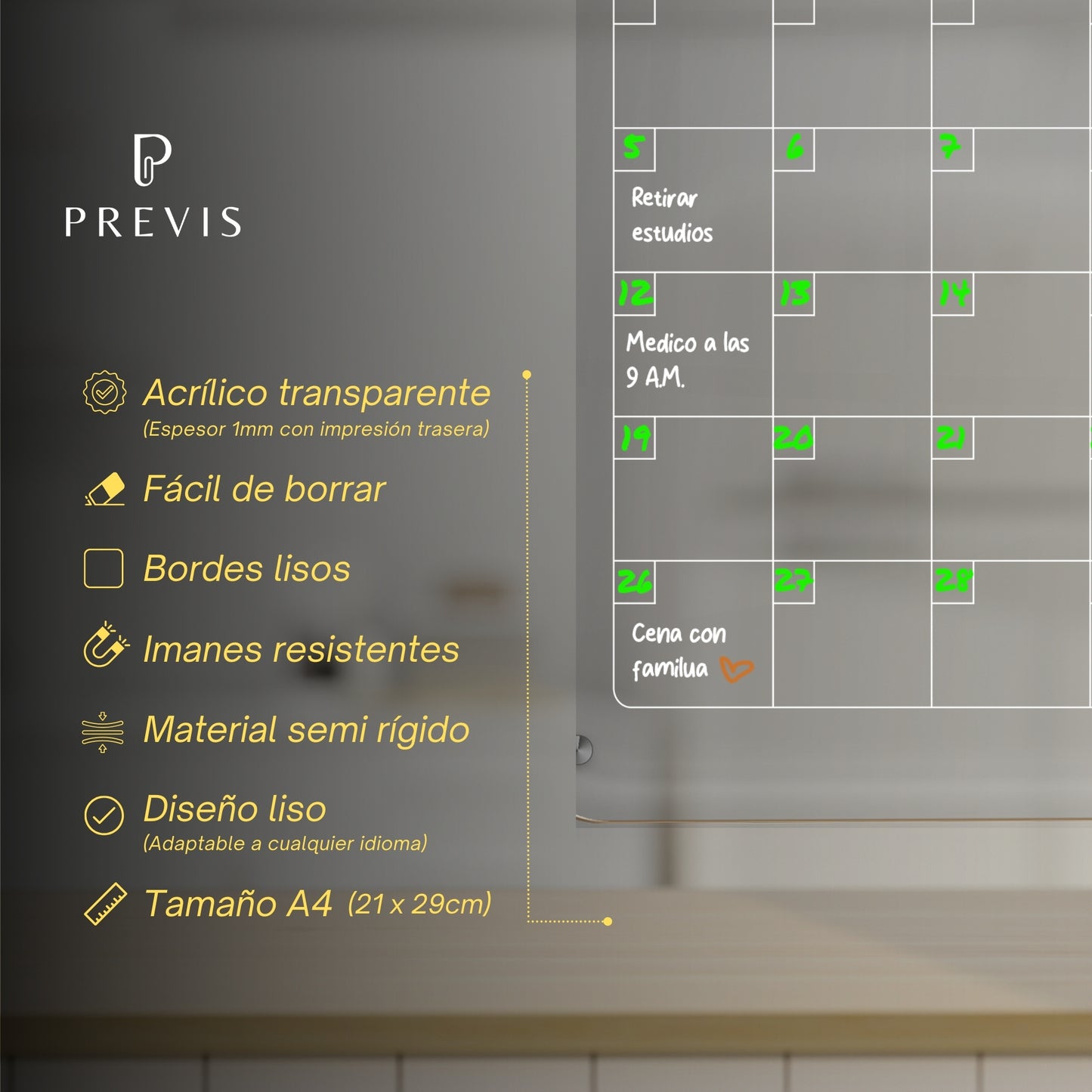 Calendario Magnetico Nevera Transparente Acrilico A4 con 4 Rotuladores Punta Extra Fina - Pizarra Transparente Nevera Magnetica Mensual Acrilica - Planifica el Mes con Estilo