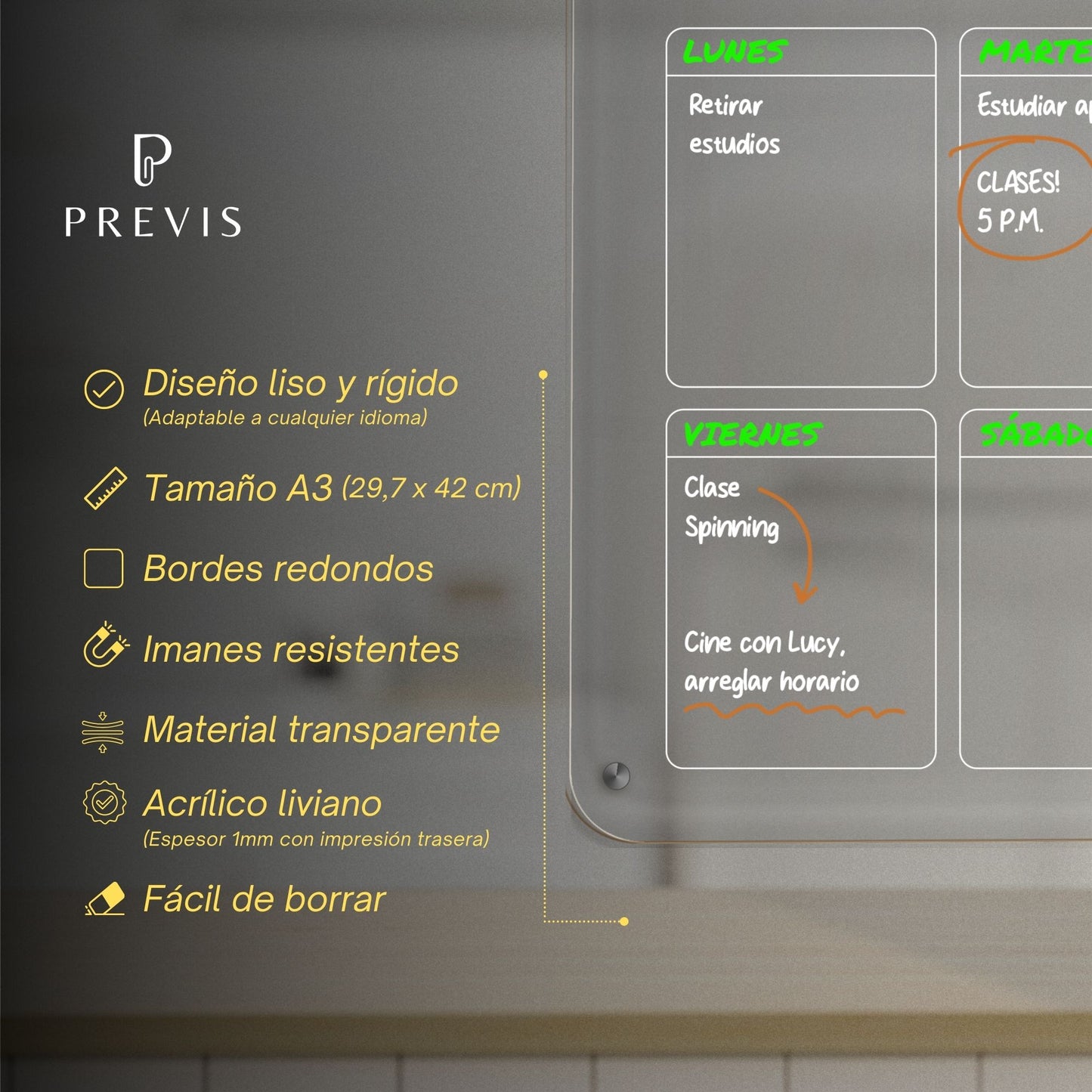 Pizarra Magnetica Nevera Transparente Semana A3 con 4 Rotuladores Punta Extrafina - Pizarra Acrílica Nevera Organizador Semana - Planifica y Decora tu Frigorifico con Estilo