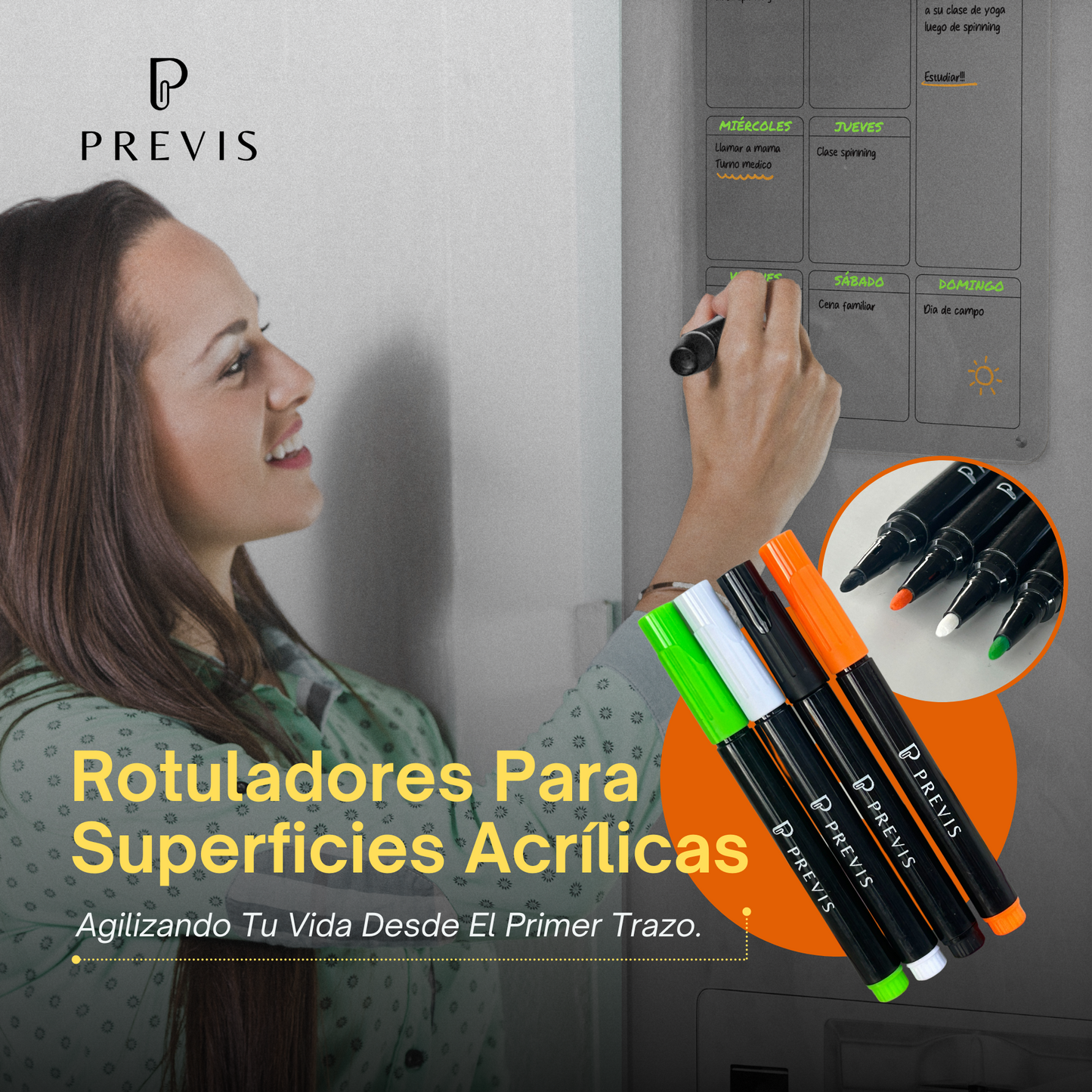 PREVIS 4 Rotuladores Pizarra Magnetica y Acrílica Punta Extra Fina con soporte de Imán para Nevera - Rotulador para Metacrilato Borrable - Ideal para Pizarras Acrílicas de Nevera