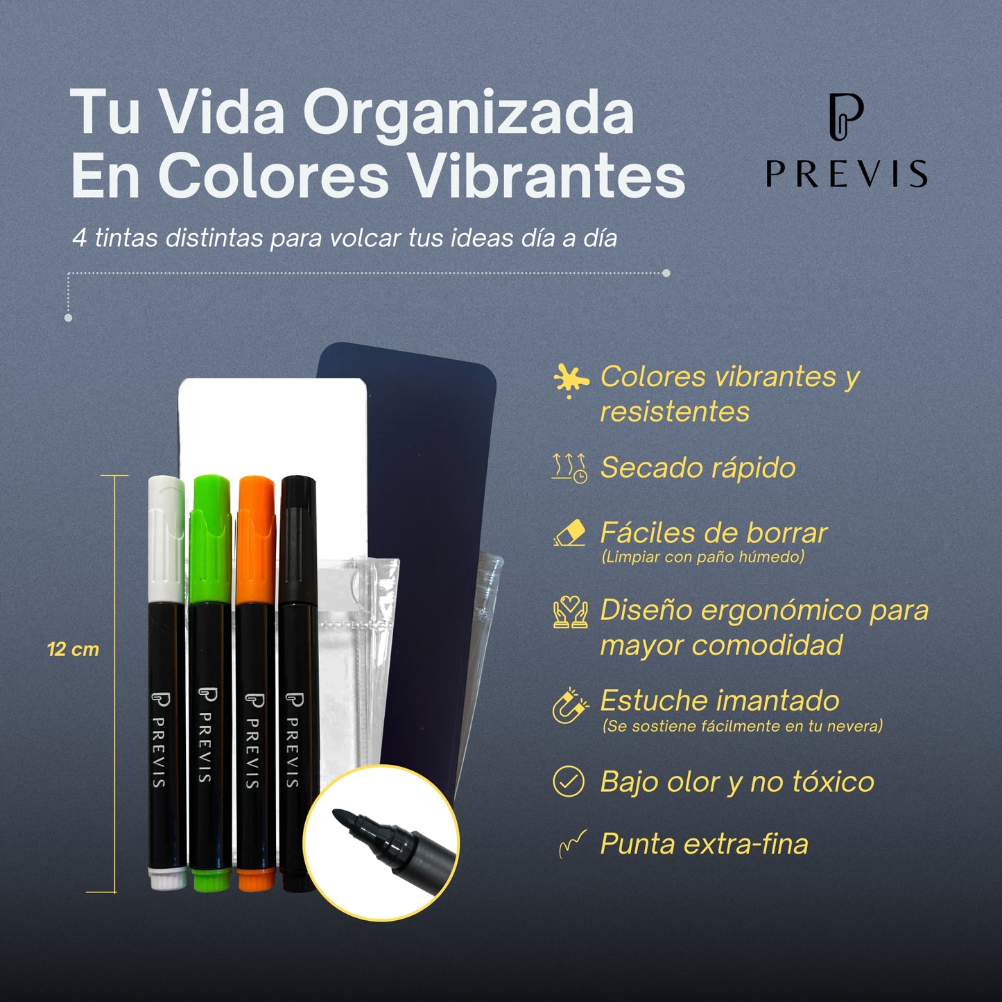 PREVIS 4 Rotuladores Pizarra Magnetica y Acrílica Punta Extra Fina con soporte de Imán para Nevera - Rotulador para Metacrilato Borrable - Ideal para Pizarras Acrílicas de Nevera