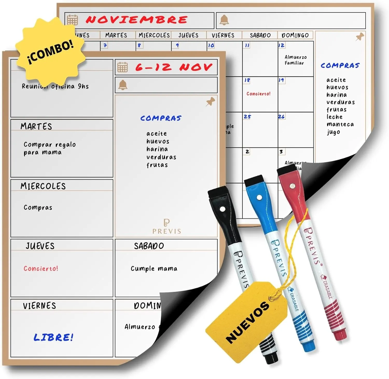 Pack calendario mensual + planificador semanal magnético