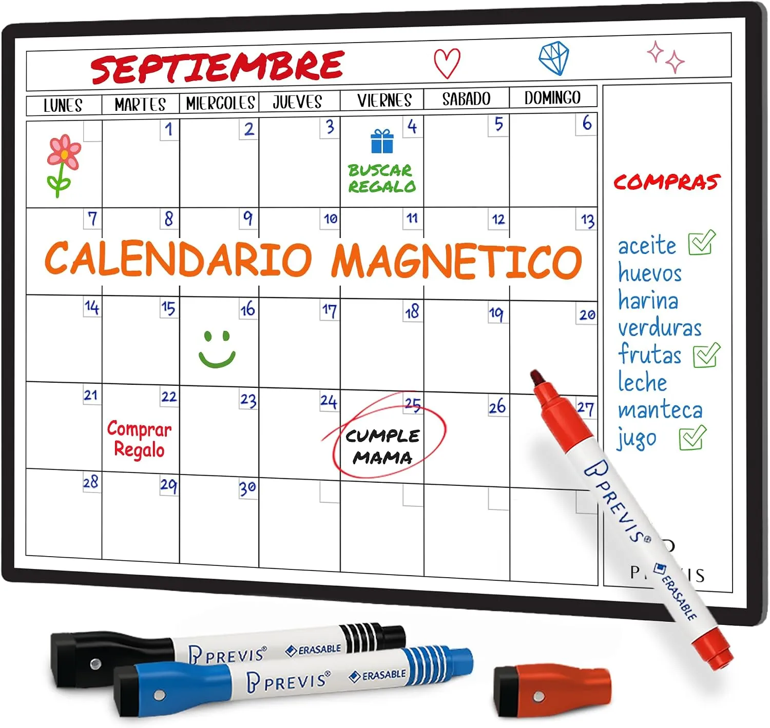 Calendario magnético para nevera con lista de la compra