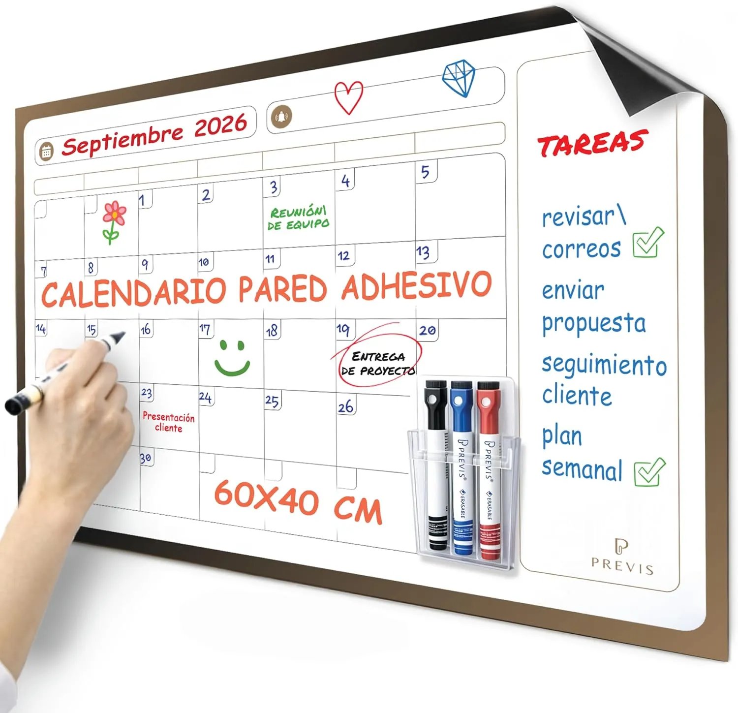 Pizarra calendario adhesiva para pared — A2 · 60×40 cm
