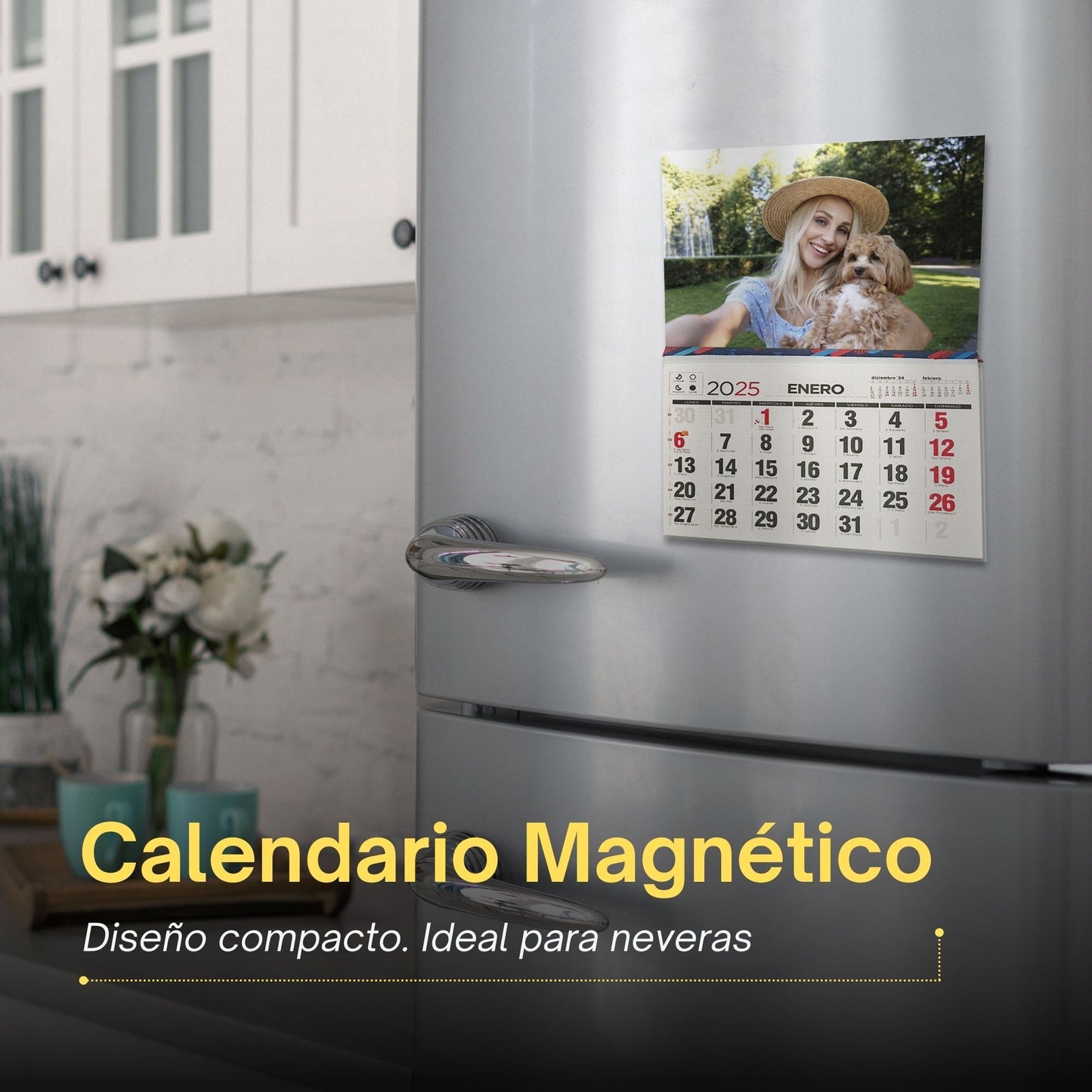 PREVIS Calendario Personalizado 2025 Nevera Iman Magnetico con Faldilla Y Foto Personalizada - Sube tu Foto - Tamaño 23,5cm x 28cm - Vista Festivos, Meses Anterior y Posterior y Lunar -Regala Momentos