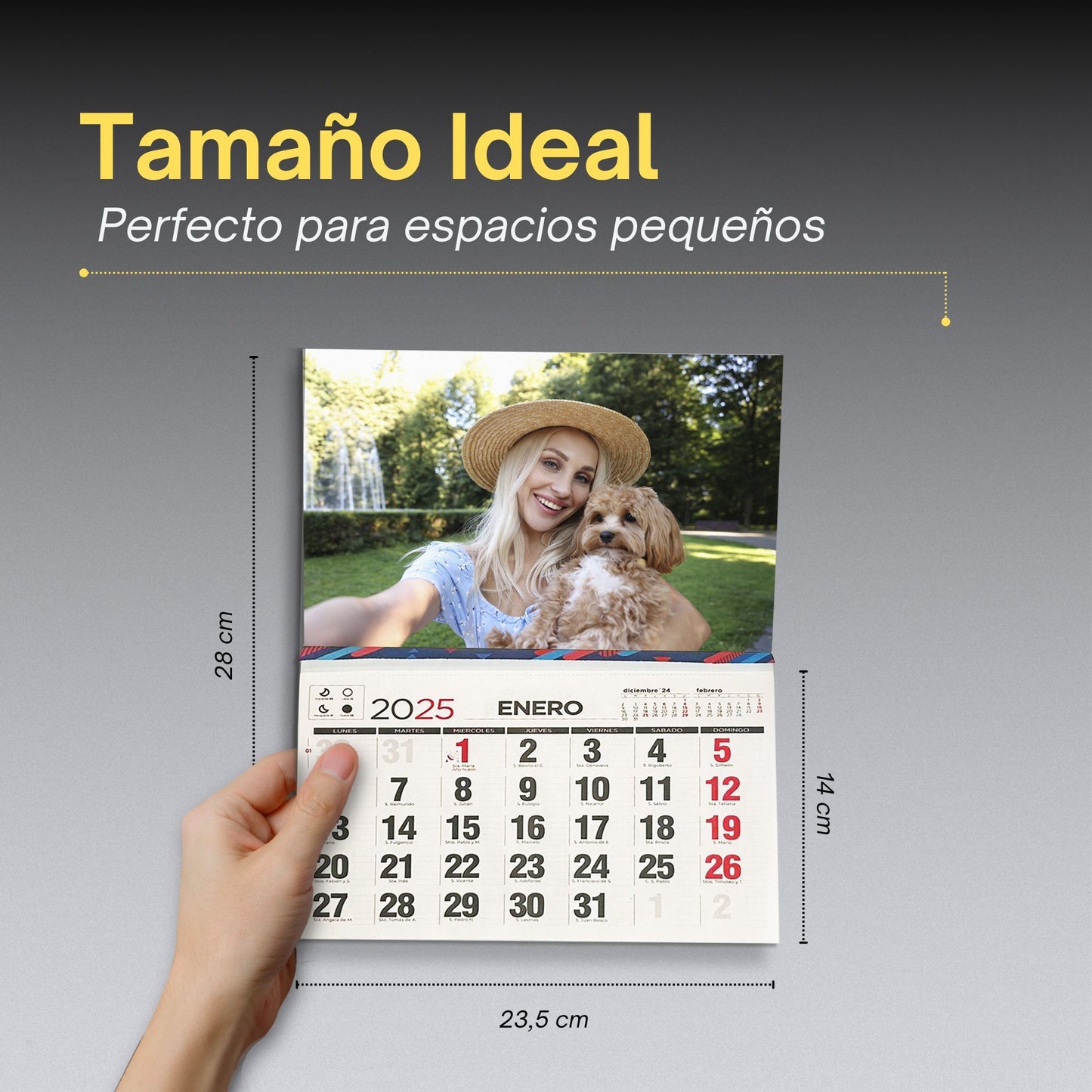 PREVIS Calendario Personalizado 2025 Nevera Iman Magnetico con Faldilla Y Foto Personalizada - Sube tu Foto - Tamaño 23,5cm x 28cm - Vista Festivos, Meses Anterior y Posterior y Lunar -Regala Momentos